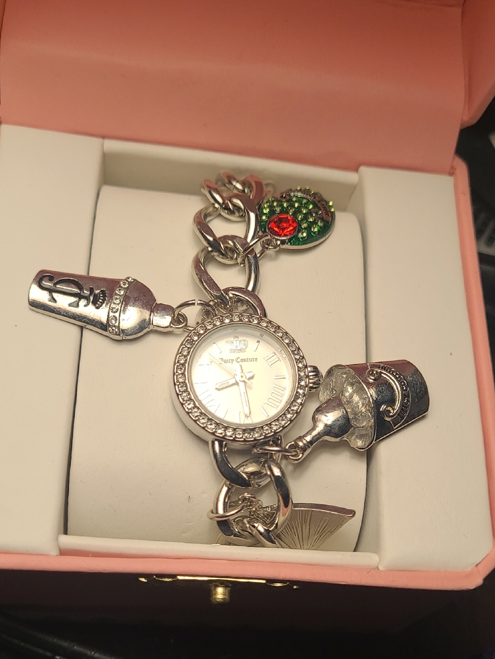 Silver Charm Bracelet Watch with Green Crystal Charm